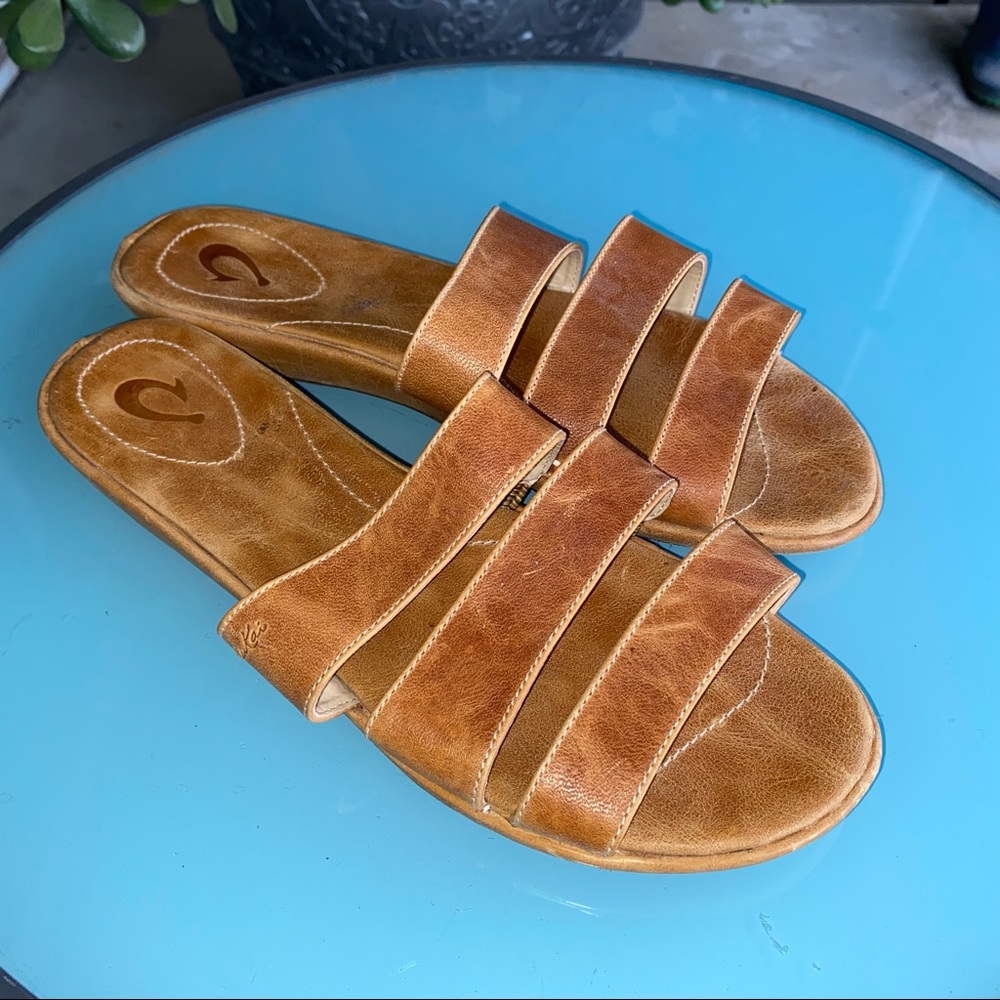 Olukai Manana Light Brown Leather Strap Sandals Women’s Size 9 US 39 EUR slides